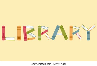 Typography Illustration Featuring Books Stacked Against Each Other to Spell Out the Word Library