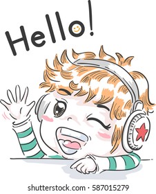 Typography Illustration Featuring a Cute Little Boy With Headphones on His Ears Saying Hello