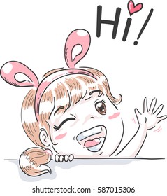 Typography Illustration Featuring a Cute Little Girl in a Bunny Headband Waving and Saying Hi