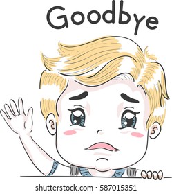 Typography Illustration Featuring a Cute Little Boy Sadly Waving Goodbye