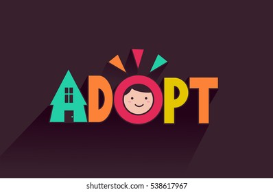 Ilustración de tipografía que muestra la cara de un niño pequeño colocado en la palabra adopto