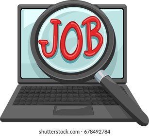 Typography Illustration Featuring a Magnifying Glass Held Against a Laptop Screen With the Word Job Written Across It