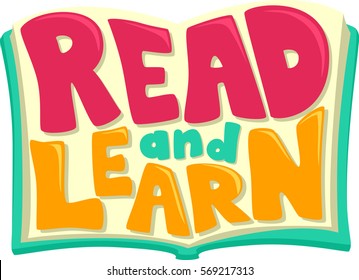 Typography Illustration Featuring an Open Book with the Words Read and Learn Written on its Pages