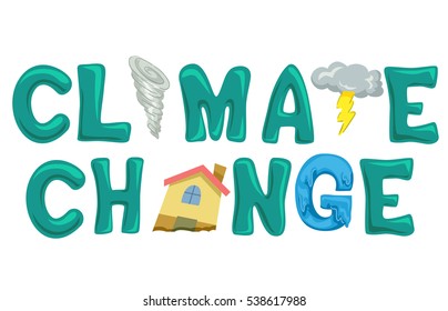 Ilustración de tipografía con la frase cambio climático dibujada como ejemplos comunes de desastres naturales