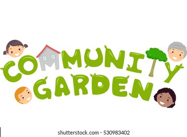 Typography Illustration Featuring the Phrase Community Garden Surrounded by Village Residents