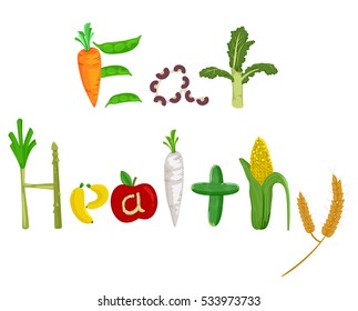 Typography Illustration Featuring the Phrase Eat Healthy Decorated with Vegetables and Fruits