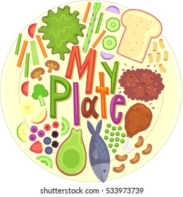 Typography Illustration Featuring The Phrase My Plate Surrounded By Different Types Of Food Categorized As Healthy