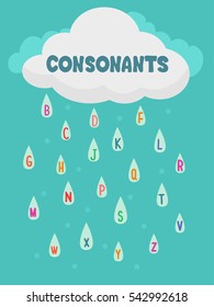 Typography Illustration Featuring a Rain Cloud Dropping Droplets of Rain with Consonants Inside Them