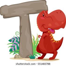 Typography Illustration Featuring a Red Tyrannosaurus Rex Standing Beside a Giant Letter T