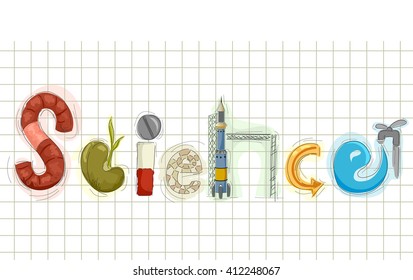Ilustración de tipografía con elementos relacionados con la ciencia