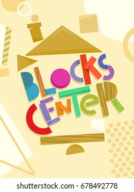 Typography Illustration Featuring the Words Blocks Center Surrounded by Wooden Building Blocks