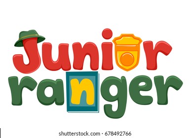 Typography Illustration Featuring the Words Junior Ranger Decorated with a Hat, a Badge, and a Guide Book