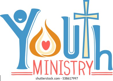 Typography Illustration of the Phrase Youth Ministry Decorated with a Cross and a Symbol of the Holy Spirit