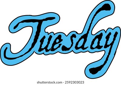 Typography illustration saying "Tuesday" in an artistic style of writing in blue on a white background