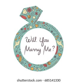 Typography illustration of a wedding ring decorated with random doodles with the phrase will you marry me written inside it.