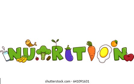 Typography Illustration of the Word Nutrition with Milk, Banana, Fish, Broccoli, Eggplant, Carrot, Egg, Orange and Apple