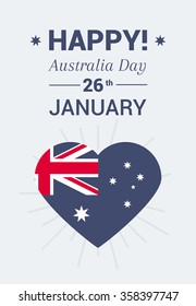 Typography inscription Happy Australia Day on 26 January. Big heart with a national flag of Australia. A bright illustration for print.