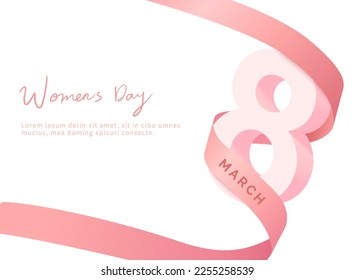 Typography of international women's day with ribbon in 3d shape.