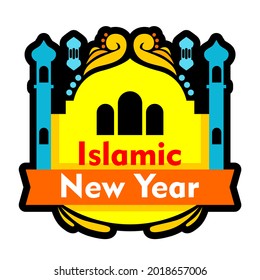 typography islamic new year doodle art celebration with mosque illustration