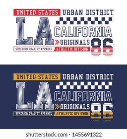 Typography LA California 86. T-shirt graphics with race flag. Vector illustrations