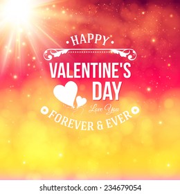 Typography label with bokeh background and bright shining sun. Valentine card for Your design. Vector illustration.