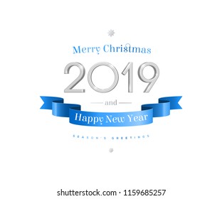 Typography label for Happy 2019 New Year and Merry Christmas with silver 3d numbers and blue ribbon isolated on white background. Vector illustration.