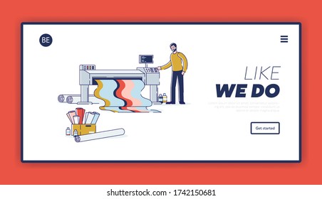 Typography landing page template with designer printing on wide screen laser printer. Polygraphic service and printshop concept. Cartoon linear vector illustration