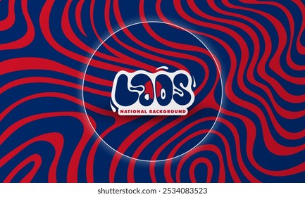 Typography of Laos text in fluid design with lighting white circle line and stripped red and blue background. Laos national day campaign