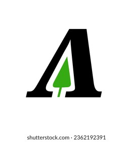 Typography letter A with green tree vector icon.