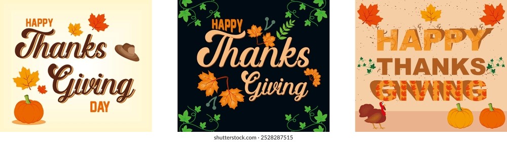 Typography letter Happy Thanksgiving Day. Happy Thanksgiving Day typography. Decorative lettering Happy Thanksgiving. Set flat vector modern illustration 