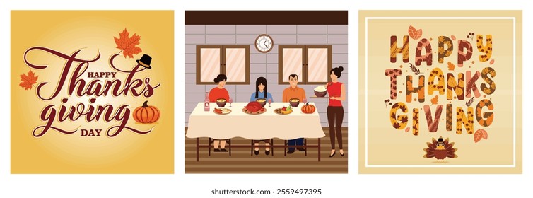 Typography letter Happy Thanksgiving Day. Family Gathers Around a Festive Table. Seasonal design elements and turkey. Set flat vector modern illustration 