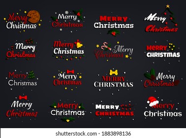 Typography, lettering, badges, emblems, quotes, postcard banner set. Collection of New Year and Christmas inscriptions isolated on black background. Vector illustration