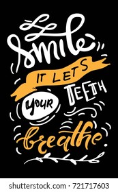 Typography lettering design on a tooth shape grunge texture and sunburst for print, t-shirt. Smile, it let's your teeth breathe.