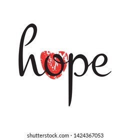 Typography Lettering Phrase Hope Isolated on White Background with Illustration of Red Heart. Hand Drawn Brush Calligraphy for Typography T-shirt and Apparel Print Design. Modern vector art. EPS10