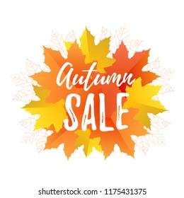 Typography lettering poster Autumn sale with colorful background and leaves in flat style. Vector illustration, text for shopping tag, flayer and invitation. Seasonal frame, border for sale, template