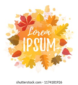 Typography lettering poster Lorem Ipsum with colorful background and leaves in flat style. Vector illustration, text for shopping tag, flayer and invitation. Seasonal frame, border for sale, template.