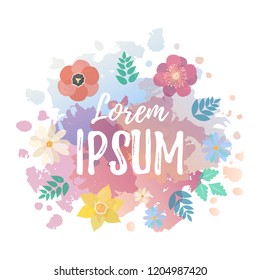 Typography lettering poster Lorem Ipsum with colorful background - spring flowers in flat style. Vector illustration, text for shopping tag, flayer and invitation. Seasonal frame for sale, template.