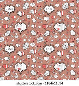 Typography lettering poster. Pattern for wrapping. Repeating texture. Vector illustration. Valentines Day. Pink, white and black seamless heart pattern.