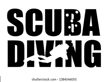 Typography logo design  of scuba diving. Illustration of diver and bubbles inside wording with opposite color. Vector