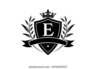 Typografie-Logo mit einem Emblem mit dem Hauptsymbol, einem Buchstaben E, kreativ integrierte Vektorgrafik-Illustration.
