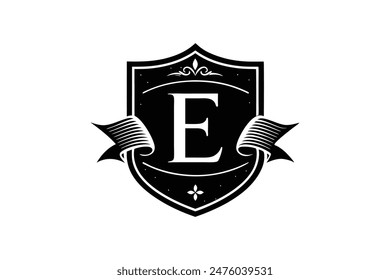 Typography logo featuring an emblem with the main icon, a letter E, creatively integrated vector art illustration.