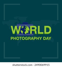 Typography Logo for World Photography Day with World Map Background
