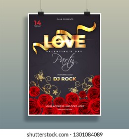 Typography of love with decorative rose flowers on black background. Valentine's Day template flyer design.