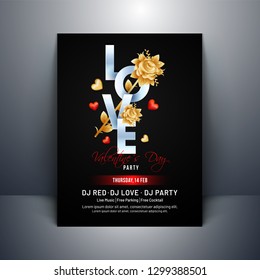 Typography of love with rose flower and heart shapes on black background for Valentine's Day template or flyer design.