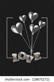 Typography of love tie up with heart shape balloons on black background. Valentine's Day greeting card design.