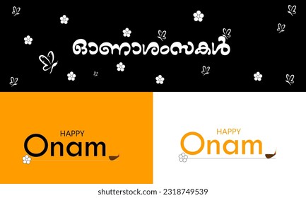 Typography in Malayalam and english language 'Onam Wishes Malayalam' The word used to wish the Happiness of Kerala festival Onam.