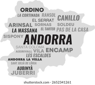 Mapa tipográfico de Andorra com nomes das cidades - Design moderno mínimo