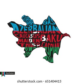 Typography map silhouette of Azerbaijan in black and flag colors. Vector Illustration.