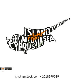 Typography map silhouette of Cyprus in black and flag colors. Vector Illustration.