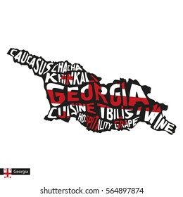 Typography map silhouette of Georgia in black and flag colors. Vector Illustration.